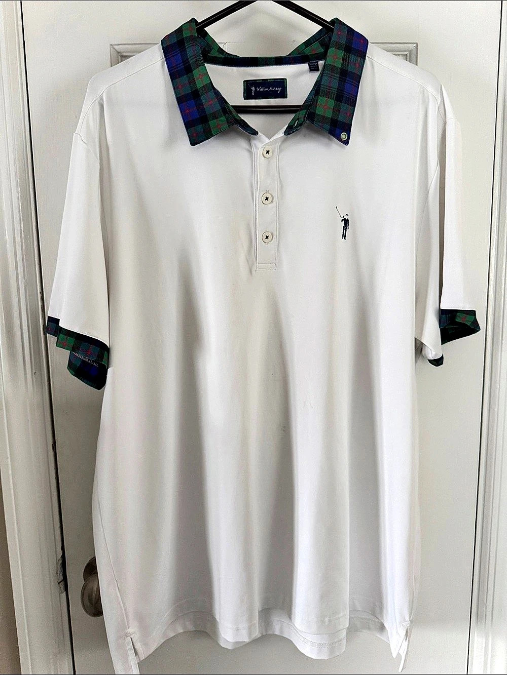 William Murray Golf Plaid Trim Polo Shirt White Large